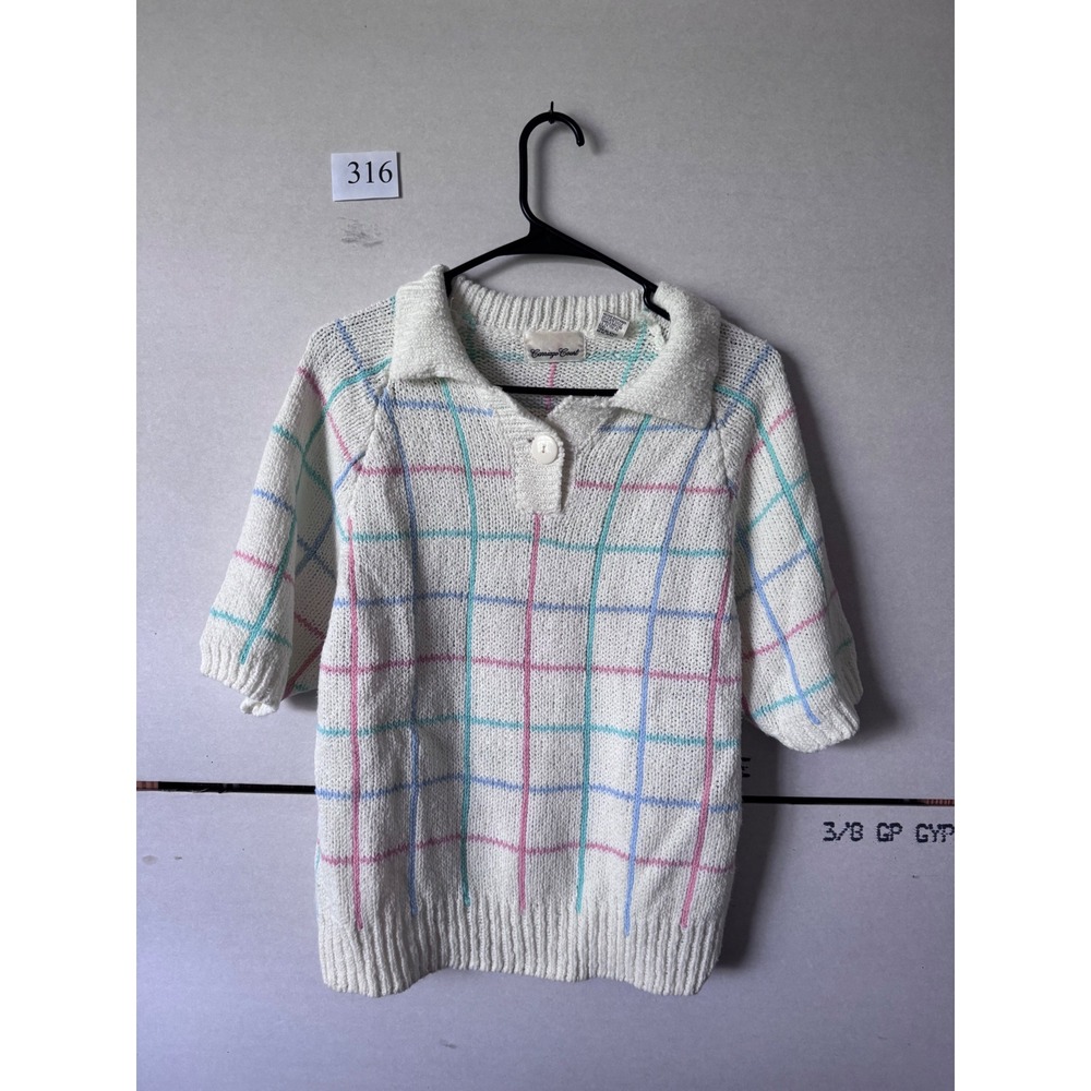 Vintage Carriage Court Pastel Plaid Short Sleeve Sweater Polo White Pink Blue S